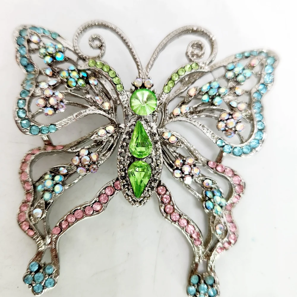 Vtg Large Silver Tone Pastel AB Rhinestone Crystal Butterfly Insect Brooch Pin - Picture 5 of 6